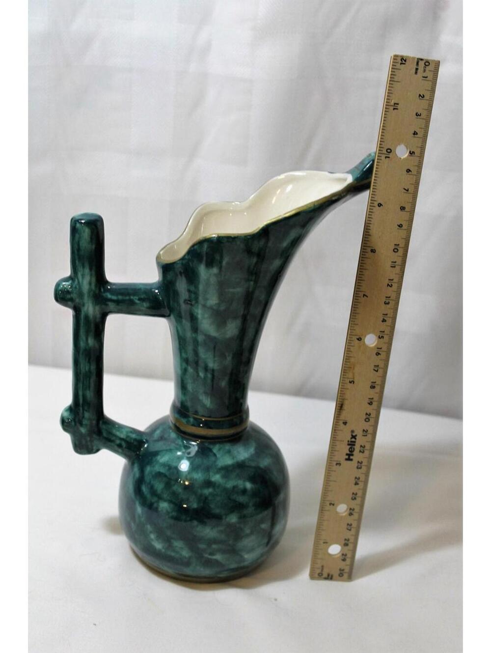 Majolica Peacock Ewer Vase and Trinket Dish with Hand Painted Peacock - Picture 4 of 5